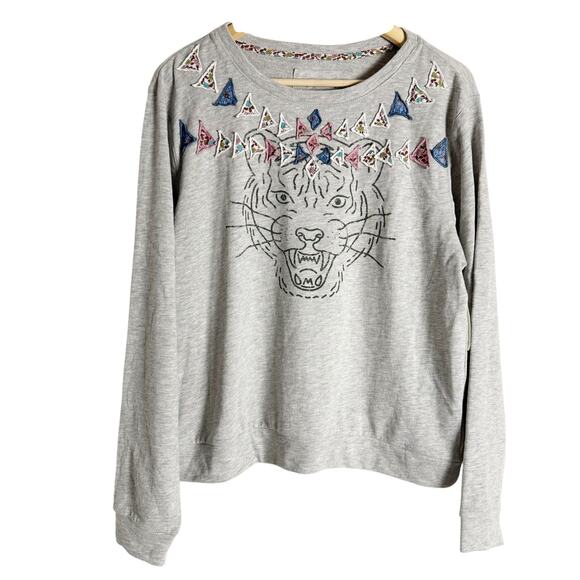 Luna Mercantile Co Anthropologie Gray Graphic Tiger Embellished Crew Sweatshirt - Picture 5 of 14
